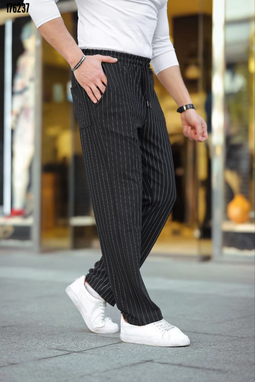 Erkek çizgili krep jogger pantolon siyah - ön