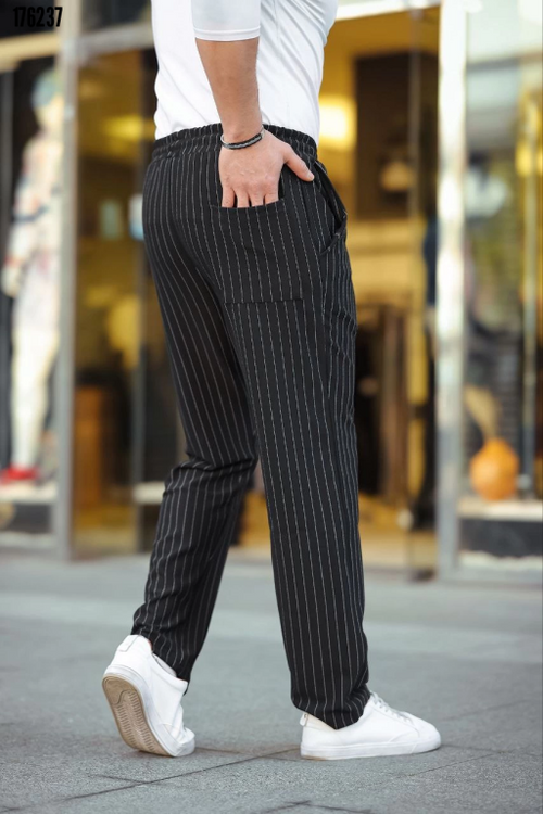 Erkek çizgili krep jogger pantolon siyah - detay