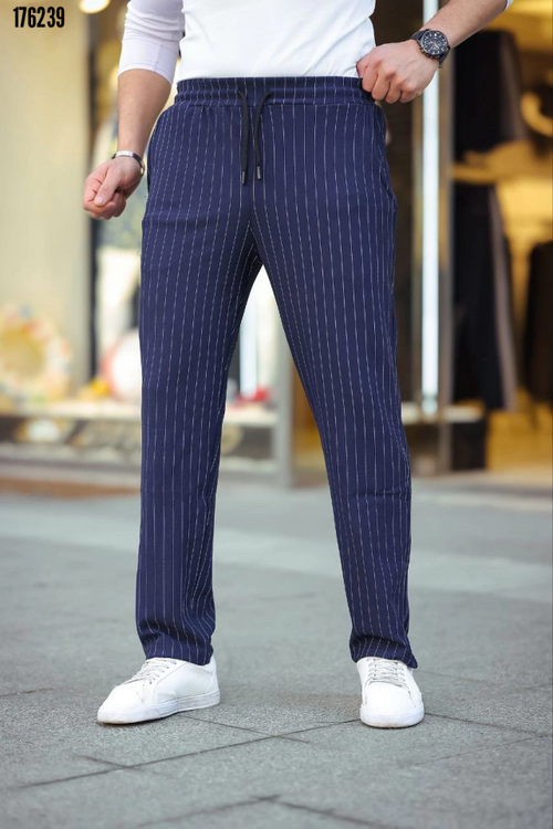 Erkek çizgili krep jogger pantolon lacivert - ön