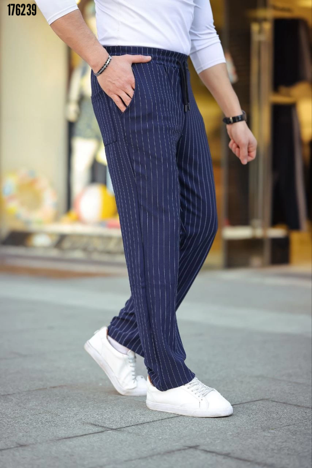 Erkek çizgili krep jogger pantolon lacivert - yan