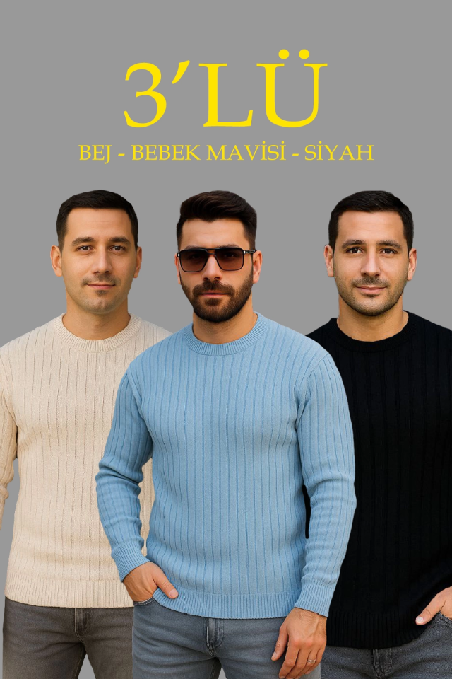 Erkek Fitilli Triko Kazak 3’lü Set – Bej, Bebek Mavisi, SiyahKalın Dokuma Pamuklu Regular Fit Bisiklet Yaka Uzun Kollu Kışlık Ve Baharlık Rahat Triko Kombini (176291)