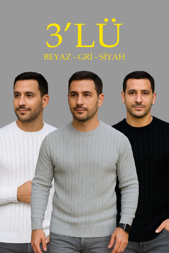 Erkek Fitilli Triko Kazak 3’lü Set – Beyaz, Gri, SiyahKalın Dokuma Pamuklu Regular Fit Bisiklet Yaka Uzun Kollu Kışlık Ve Baharlık Rahat Triko Kombini (176292)