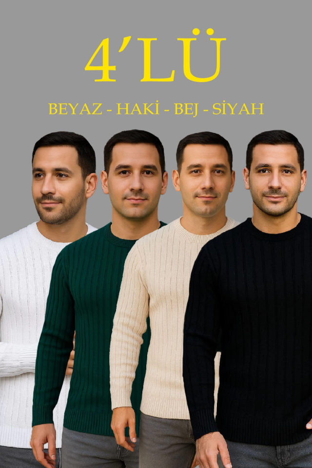 Erkek Fitilli Triko Kazak 4’lü Set – Beyaz, Haki, Bej, SiyahKalın Dokuma Pamuklu Regular Fit Bisiklet Yaka Uzun Kollu Kışlık Ve Baharlık Rahat Triko Kombini (176294)