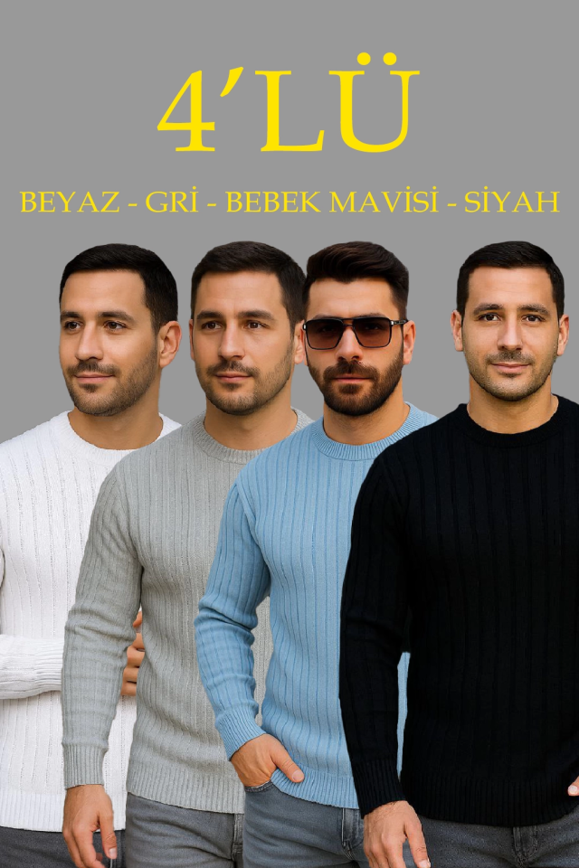 Erkek Fitilli Triko Kazak 4’lü Set – Beyaz, Bebek Mavisi, Gri, SiyahKalın Dokuma Pamuklu Regular Fit Bisiklet Yaka Uzun Kollu Kışlık Ve Baharlık Rahat Triko Kombini (176296)
