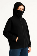 Samuray Ninja Çift Kapşonlu ZIP Fermuarlı Kanguru Çepli Hoodie Maske Detaylı Swetshirt - Siyah (176340)