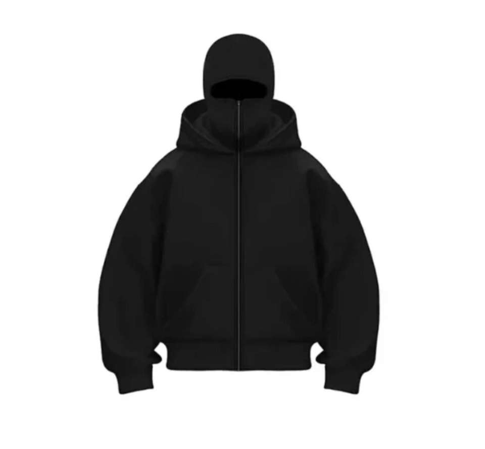 Samuray Ninja Çift Kapşonlu ZIP Fermuarlı Kanguru Çepli Hoodie Maske Detaylı Swetshirt - Siyah (176340)