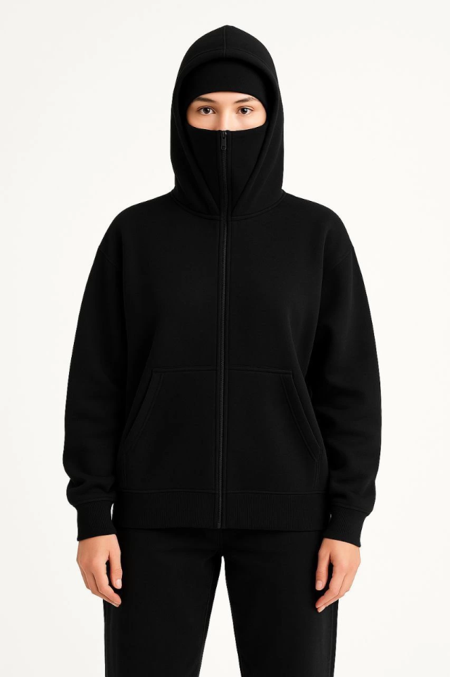 Samuray Ninja Çift Kapşonlu ZIP Fermuarlı Kanguru Çepli Hoodie Maske Detaylı Swetshirt - Siyah (176340)