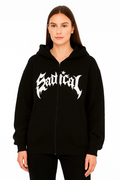 Oversize Kapüşonlu Sweatshirt  Hoodie 3 İplik Şardonlu Pamuklu Kumaş, Önü Baskılı, Fermuarlı Rahat Kalıp, Kışlık Ve Sokak Stili Sweat - Siyah (176486)