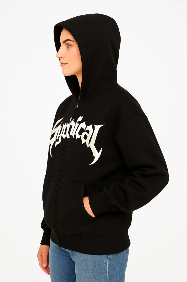 Oversize Kapüşonlu Sweatshirt  Hoodie 3 İplik Şardonlu Pamuklu Kumaş, Önü Baskılı, Fermuarlı Rahat Kalıp, Kışlık Ve Sokak Stili Sweat - Siyah (176486)
