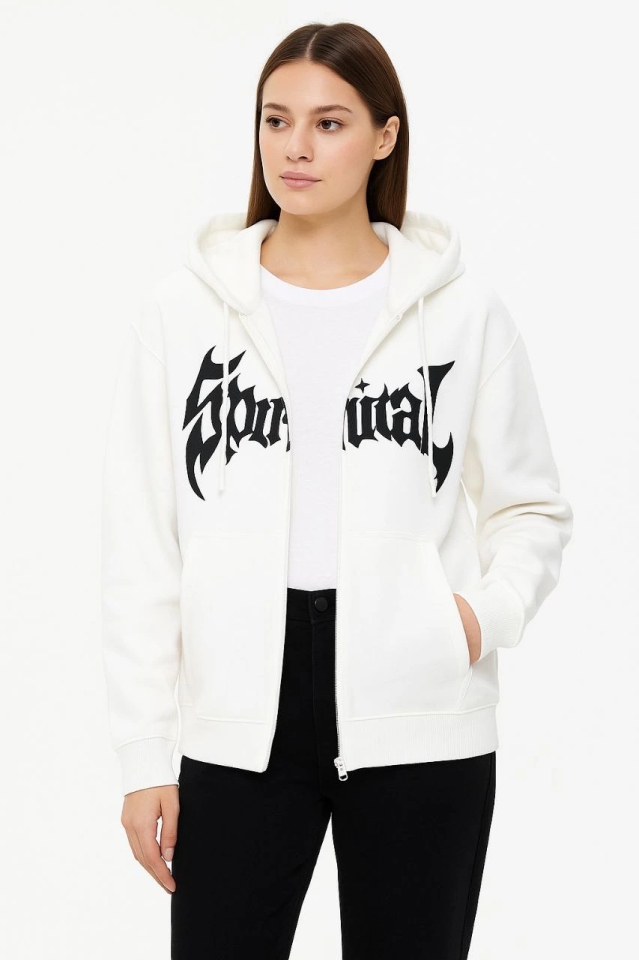 Oversize Kapüşonlu Sweatshirt Hoodie 3 İplik Şardonlu Pamuklu Kumaş, Önü Baskılı, Fermuarlı Rahat Kalıp, Kışlık Ve Sokak Stili Sweat - Beyaz (176487)