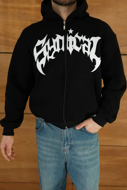 Erkek Kapüşonlu Sweatshirt  Hoodie 3 İplik Şardonlu Pamuklu Kumaş, Önü Baskılı, Fermuarlı Rahat Kalıp, Kışlık Ve Sokak Stili Sweat - Siyah (176488)