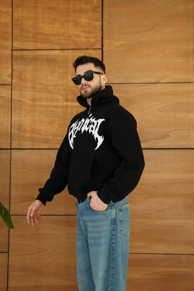 Erkek Kapüşonlu Sweatshirt  Hoodie 3 İplik Şardonlu Pamuklu Kumaş, Önü Baskılı, Fermuarlı Rahat Kalıp, Kışlık Ve Sokak Stili Sweat - Siyah (176488)