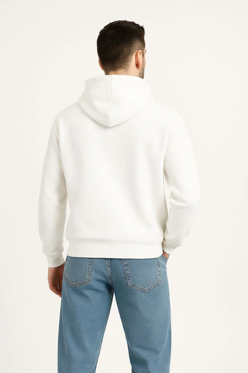 Erkek Kapüşonlu Sweatshirt Hoodie 3 İplik Şardonlu Pamuklu Kumaş, Önü Baskılı, Fermuarlı Rahat Kalıp, Kışlık Ve Sokak Stili Sweat - Beyaz (176489)