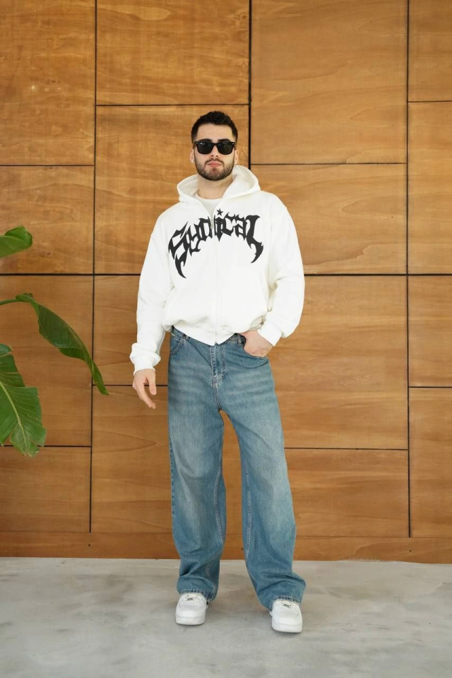 Erkek Kapüşonlu Sweatshirt Hoodie 3 İplik Şardonlu Pamuklu Kumaş, Önü Baskılı, Fermuarlı Rahat Kalıp, Kışlık Ve Sokak Stili Sweat - Beyaz (176489)