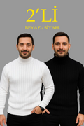 Erkek Fitilli Triko Kazak 2li Set Beyaz Siyah Regular Balıkcı Yaka Tam Boğazlı Triko Seti Modeli Kazak (177073)