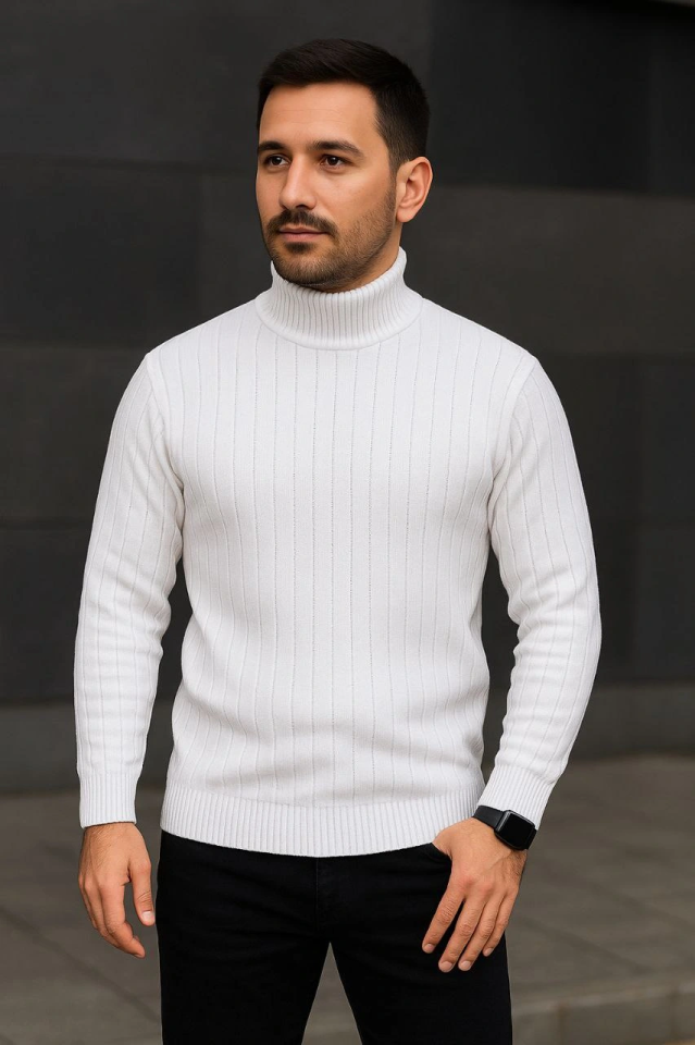 Erkek Fitilli Triko Kazak 2li Set Beyaz Siyah Regular Balıkcı Yaka Tam Boğazlı Triko Seti Modeli Kazak (177073)