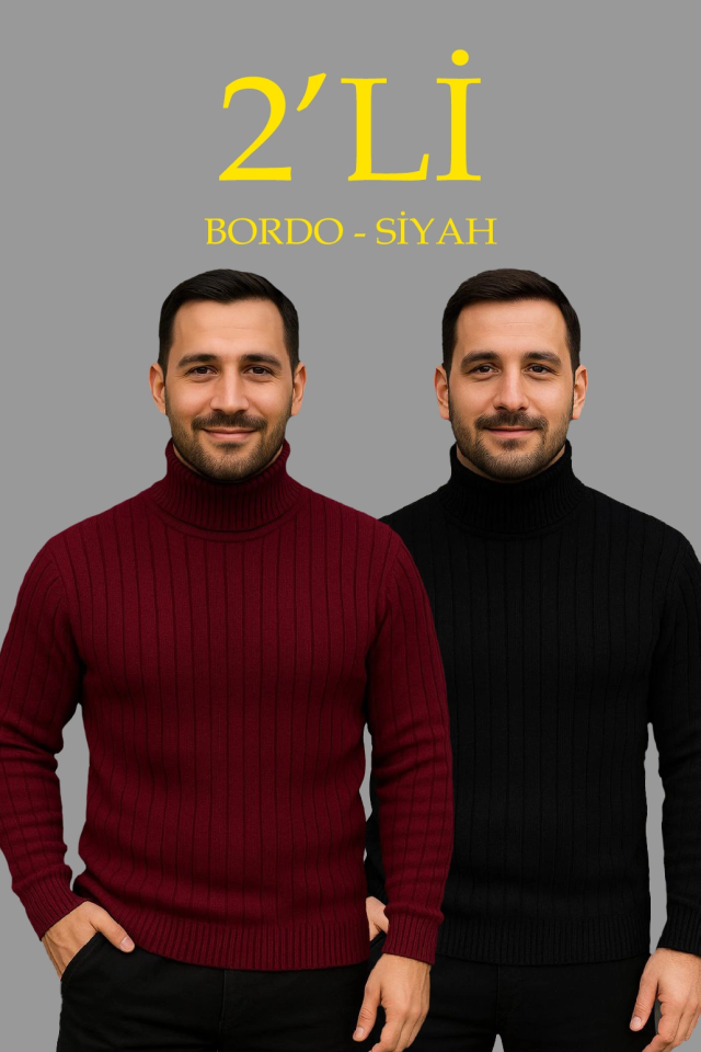 Erkek Fitilli Triko Kazak 2li Set Bordo Siyah Regular Balıkcı Yaka Tam Boğazlı Triko Seti Modeli Kazak (177075)