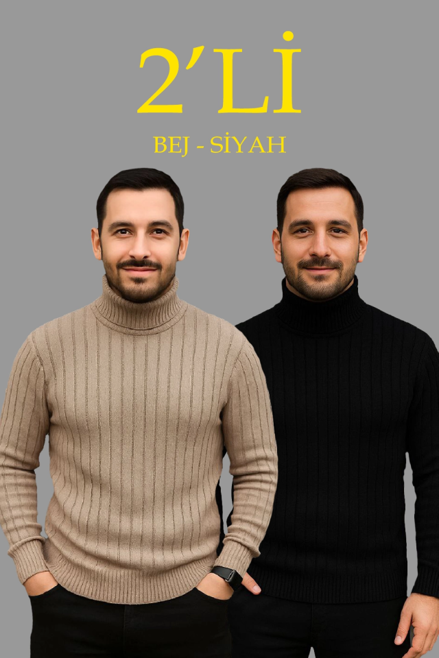 Erkek Fitilli Triko Kazak 2li Set Bej Siyah Regular Balıkcı Yaka Tam Boğazlı Triko Seti Modeli Kazak (177076)