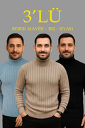 Erkek Fitilli Triko Kazak 3lÜ Set Bebek Mavisi Bej Siyah Regular Balıkcı Yaka Tam Boğazlı Triko Seti Modeli Kazak (177078)