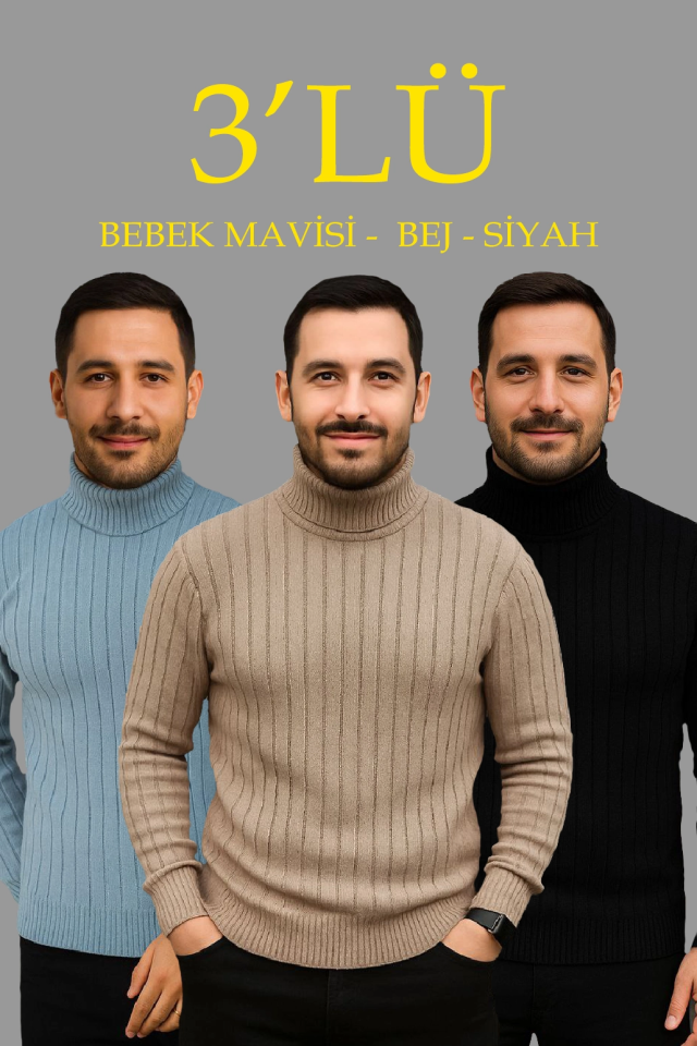 Erkek Fitilli Triko Kazak 3lÜ Set Bebek Mavisi Bej Siyah Regular Balıkcı Yaka Tam Boğazlı Triko Seti Modeli Kazak (177078)