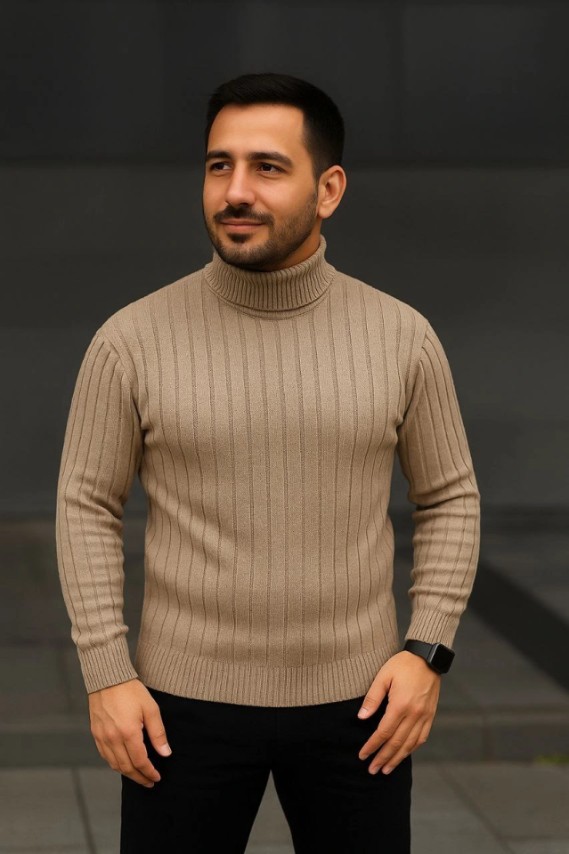 Erkek Fitilli Triko Kazak 3lÜ Set Bej Haki Siyah Regular Balıkcı Yaka Tam Boğazlı Triko Seti Modeli Kazak (177081)