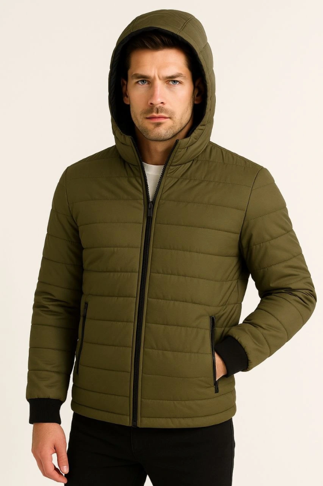 Erkek Şişme Kapüşonlu Fermuarlı Mont Su Itici Kapitone Astarlı Kumaş Cepli Kışlık Rahat Kalıp - Haki (178318)