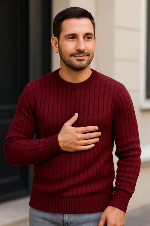 Erkek Fitilli Triko Kazak 3lü Set Beyaz Bordo Siyah Regular Fit Bisiklet Yaka Triko Seti (179307)
