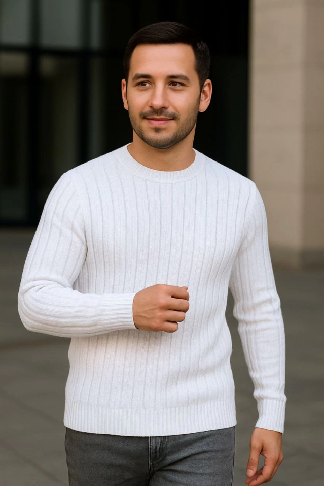 Erkek Fitilli Triko Kazak 3lü Set Beyaz Bordo Siyah Regular Fit Bisiklet Yaka Triko Seti (179307)