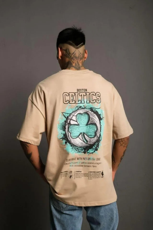 Erkek Sırt Baskılı T-shirt - Bej (179398)
