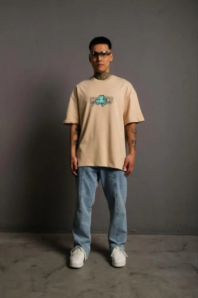 Erkek Sırt Baskılı T-shirt - Bej (179398)