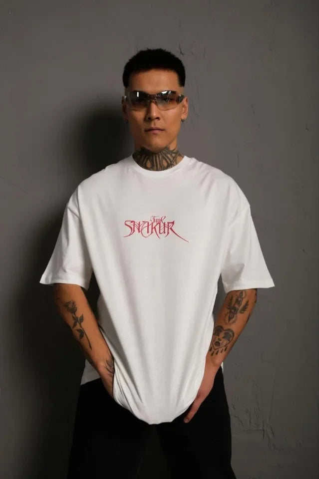 Erkek Oversize Tişört – Beyaz 24/1 Penye Kumaş, Bisiklet Yaka, Ön - Arka Baskılı, Streetwear Tarzı Rahat Büyük Kalıp T-Shirt- Beyaz (179404)