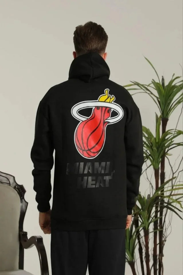 Erkek Oversize Üç İplik Kapüşonlu Sweatshirt –Sırt Ve Ön Baskılı, Kanguru Cepli, Rahat Kalıp Maskot Desenli Model - Siyah (179520)