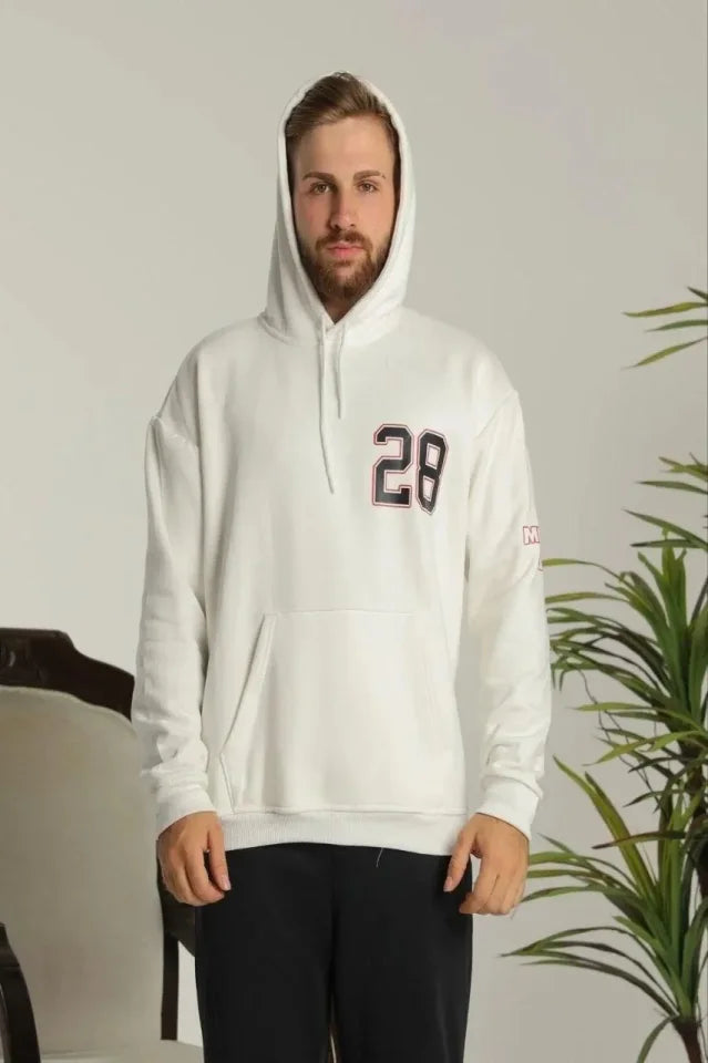 Erkek Oversize Üç İplik Kapüşonlu Sweatshirt –Sırt Ve Ön Baskılı, Kanguru Cepli, Rahat Kalıp Maskot Desenli Model - Siyah Beyaz (179521)