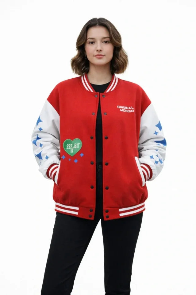 Kırmızı Varsity Çıtçıtlı Baskılı Oversize Kalıp Kolej Ceket - Kırmızı (180230)