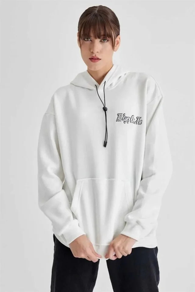 Kapüşonlu Sırt Baskılı Üç İplik Oversize Sweatshirt - Beyaz (180275)