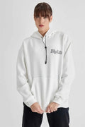 Kapüşonlu Sırt Baskılı Üç İplik Oversize Sweatshirt - Beyaz (180275)