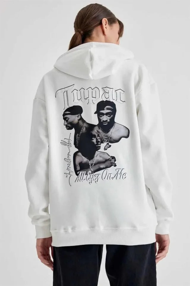 Kapüşonlu Sırt Baskılı Üç İplik Oversize Sweatshirt - Beyaz (180275)