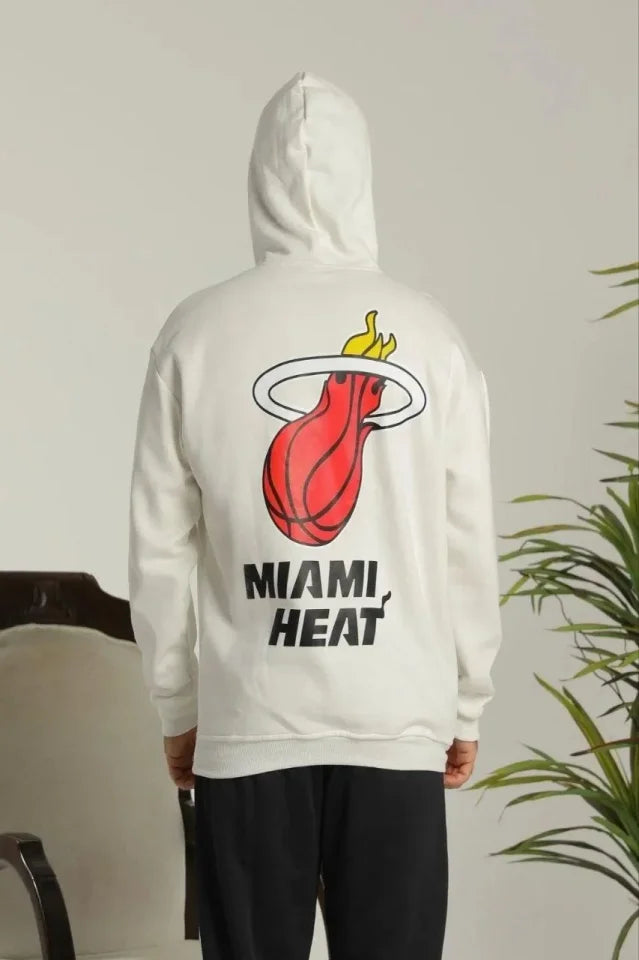 Erkek Sırt Baskılı Oversize Üç İplik Kapüşonlu Sweatshirt - Beyaz (180277)