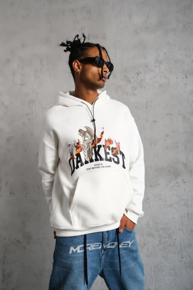 Erkek DANKES Baskılı Kapüşonlu Sweat - Beyaz (180286)