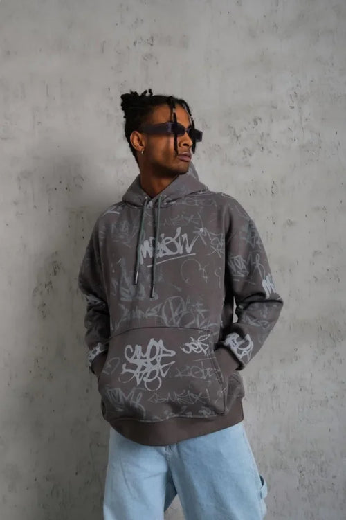 Erkek Baskılı Kapüşonlu Ribanalı Sweat - Gri (180294)