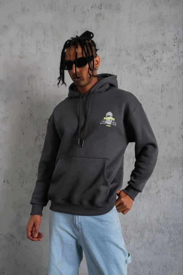Erkek Kordonlu Maske Baskılı Kapşonlu Sweat - Gri (180299)