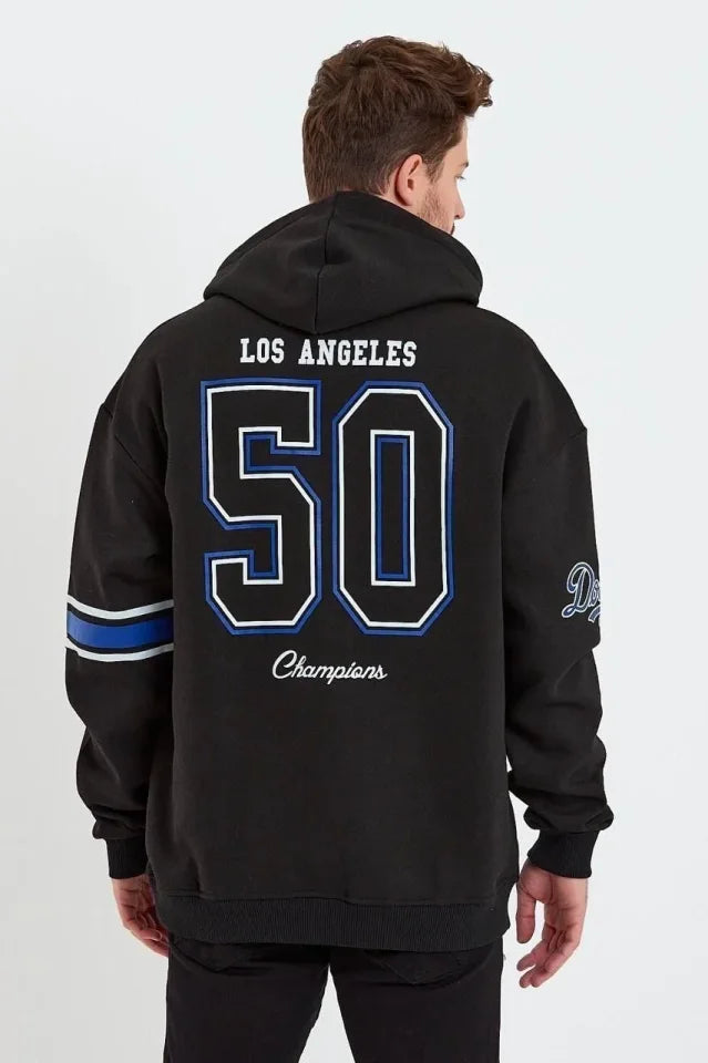 Erkek Baskılı Kapşonlu Üç Iplik Oversize Sweatshirt - Siyah (180312)