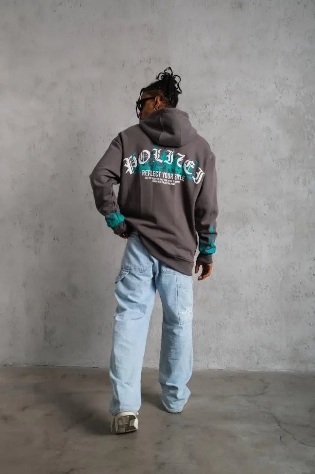 Erkek Üç İplik İçi Pamuklu Alev Baskılı Kapüşonlu Sweatshirt - Gri (180316)