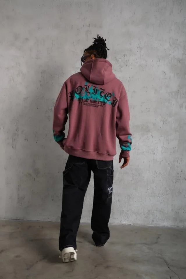 Erkek Üç İplik Içi Pamuklu Alev Baskılı Kapüşonlu Sweatshirt - Gül Kurusu (180317)