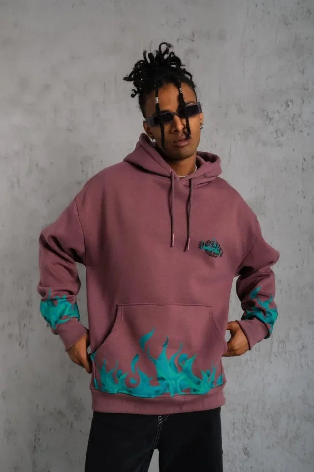 Erkek Üç İplik Içi Pamuklu Alev Baskılı Kapüşonlu Sweatshirt - Gül Kurusu (180317)