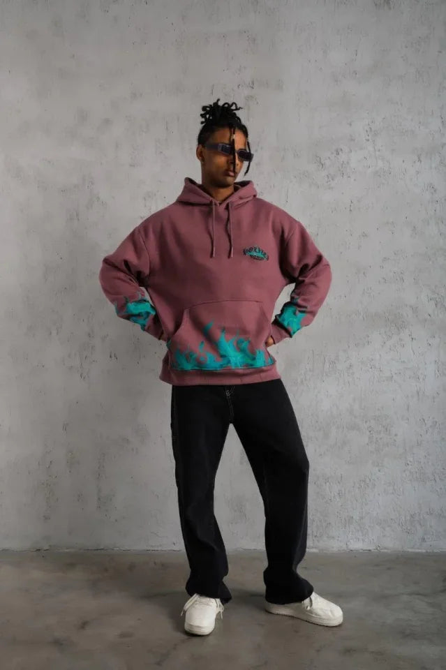 Erkek Üç İplik Içi Pamuklu Alev Baskılı Kapüşonlu Sweatshirt - Gül Kurusu (180317)