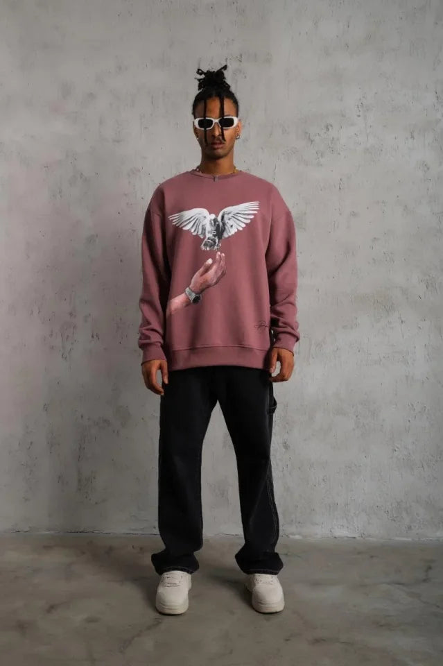 Erkek Güvercin Baskılı Sweatshirt - Gül Kurusu (180328)