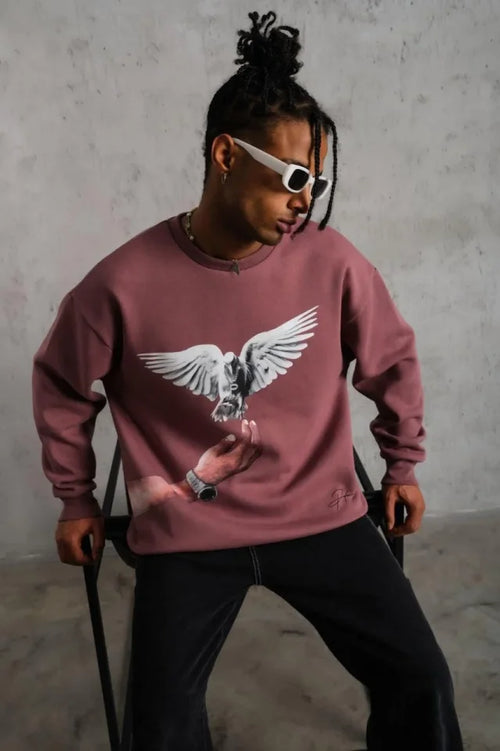Erkek Güvercin Baskılı Sweatshirt - Gül Kurusu (180328)