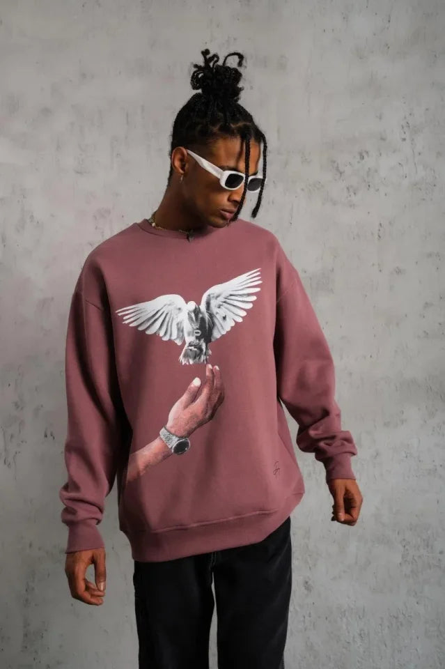Erkek Güvercin Baskılı Sweatshirt - Gül Kurusu (180328)