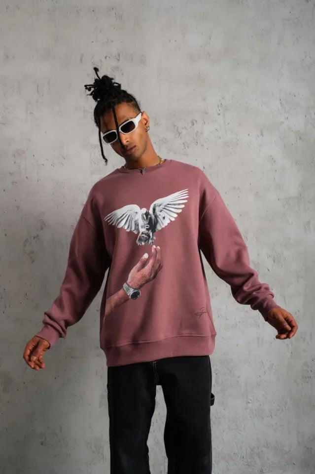 Erkek Güvercin Baskılı Sweatshirt - Gül Kurusu (180328)